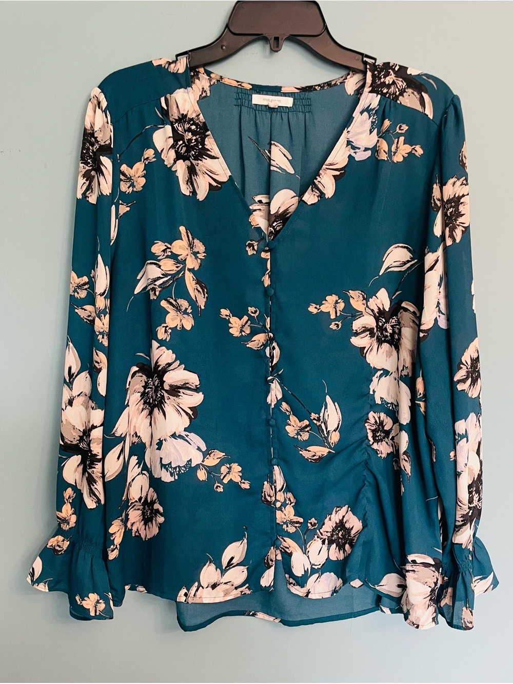 Maurices Teal Floral Button-Front Long-Sleeve Blouse